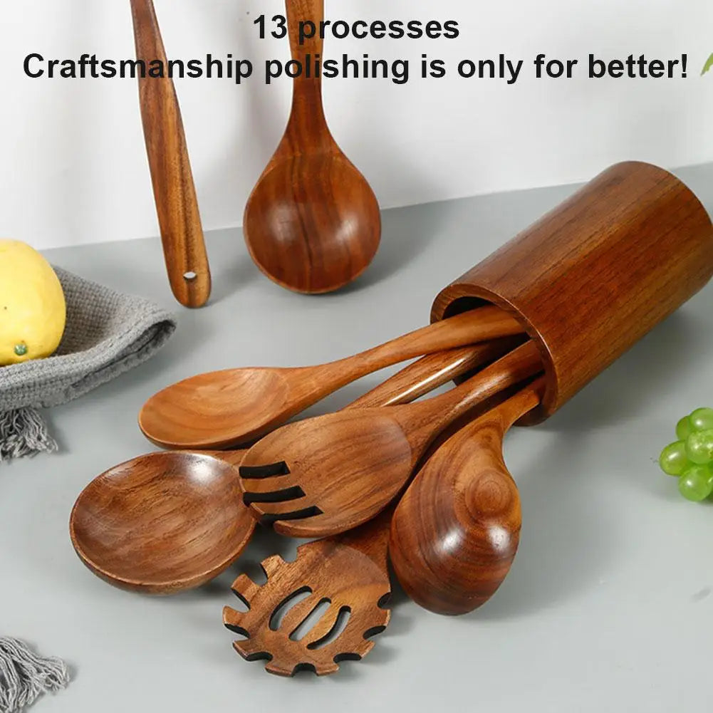 Wooden Spoons for Cooking, Acacia Wood Cooking Utensils Set Wooden Kitchen Tools Spoon Rest Nonstick Cookware Kit Safe