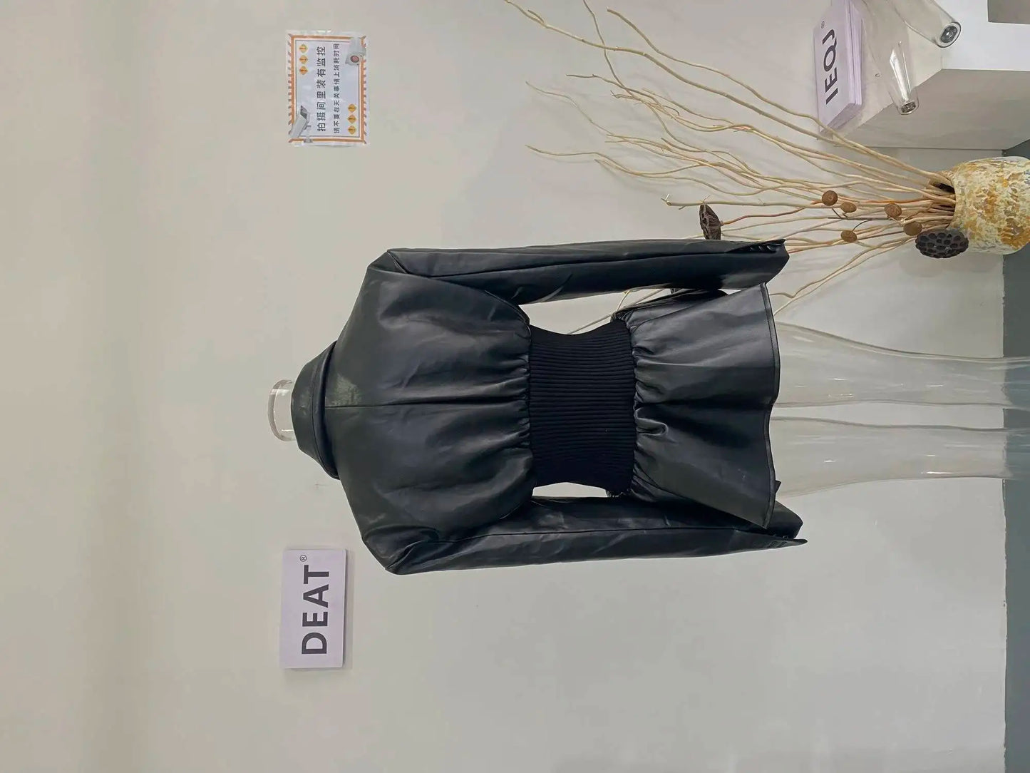 DEAT Fashion Women's Blazer Notched Collar PU Patchwork Knitted Super Waist Silhouette Suit Jackets Spring 2025 New 17A2010H