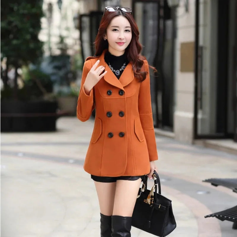 Spring Autumn Women's Slim Fit Short Double Breasted Woolen Coat Thickened Korean Style Fashionable Outerwear