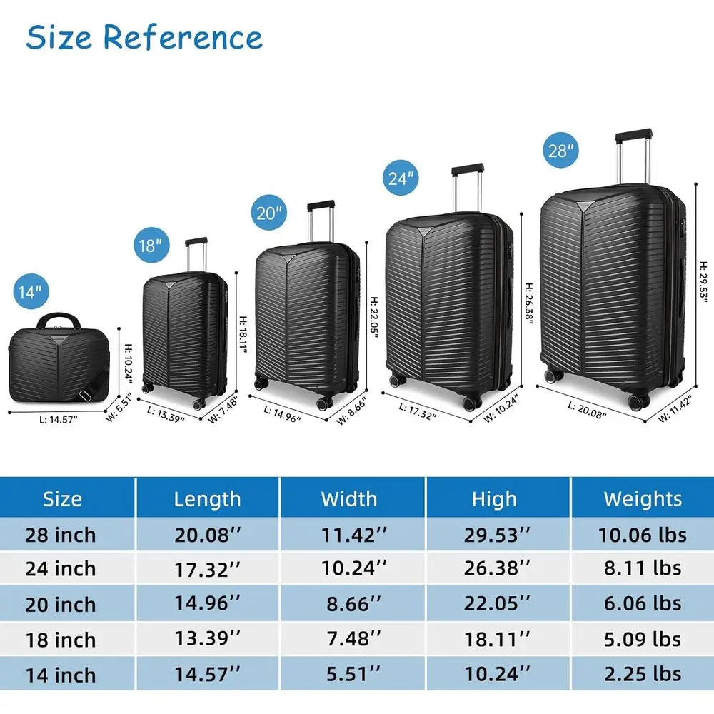 Expandable 5-Piece Spinner Suitcase Set, Durable Carry-On Luggage for Men and Women, Black