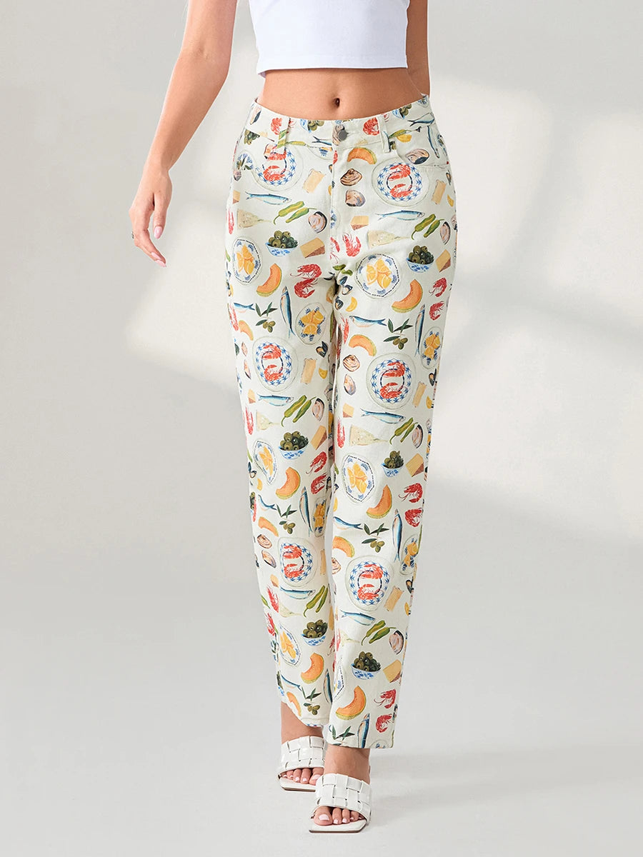 Women Y2k Fruit Print Jeans Pants Graphic Print High Neck Straight Leg Denim Pants Aesthetic Jeans Summer Streetwear