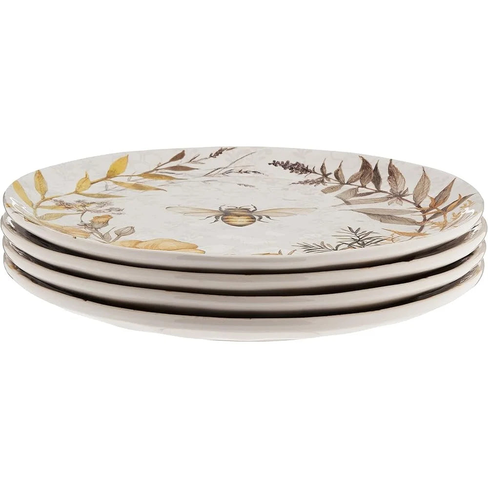 Floral Bee Design Ceramic Dinner Plates Set of 4 10.75 Inch Dishwasher Safe Nature Inspired Tableware Spring Entertaining