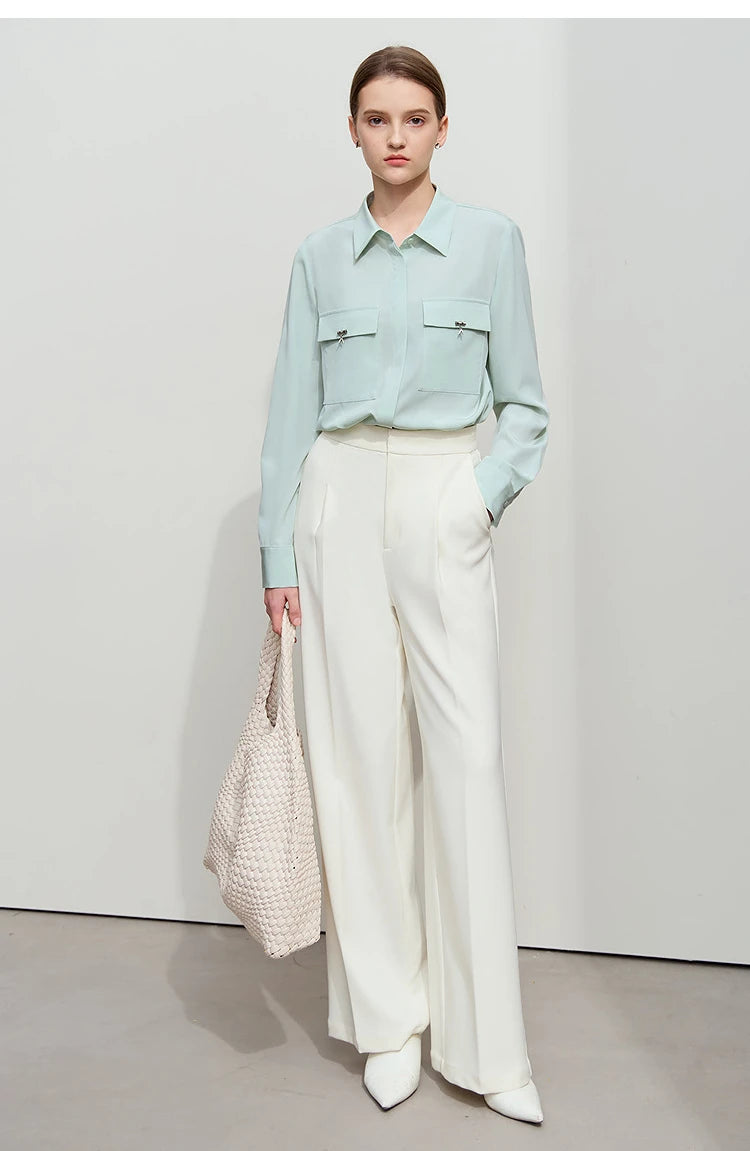 AMII Minimalist Chiffon Shirt Women 2025 Spring New Temperament Gentle Lapel Bamboo Work Pocket Concealed Button Tops 12521032