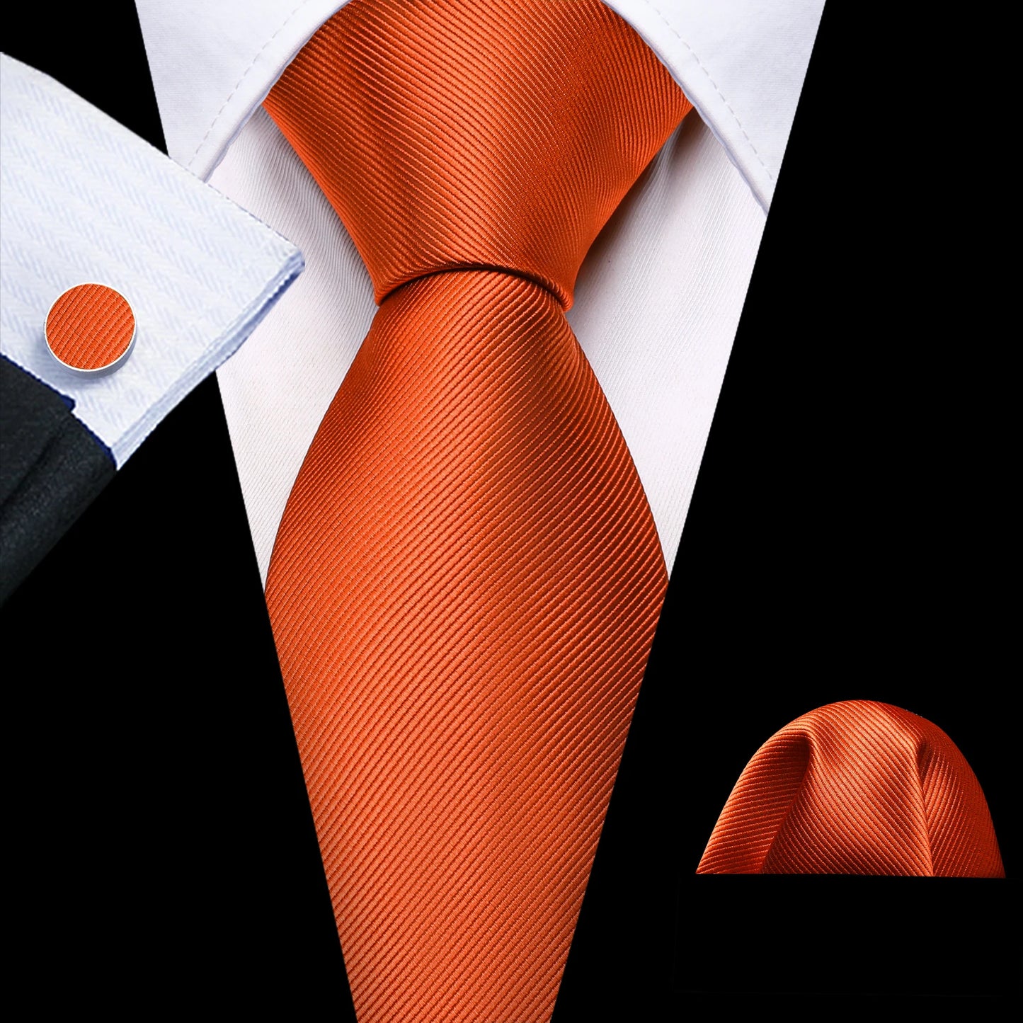 Barry.Wang Orange Brown Silk Mens Tie Hanky Cufflinks Set Gold Coffee Jacquard Designer Necktie For Male Wedding Business Party