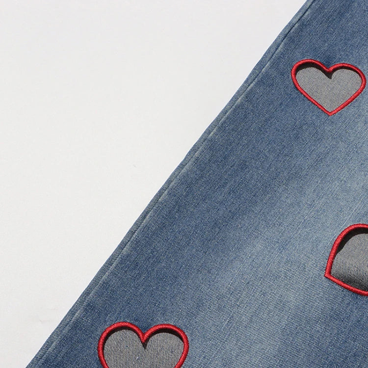 2025 Summer New Fashion Women's Jeans High Waist Straight Wide Leg Embroidery Heart Hollow Out Female Denim Pants