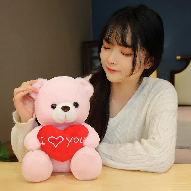 28CM Lovely Teddy Bear Plush Toys Cute Bear Holding Heart I Love You Stuffed Doll Girls Lovers Valentine's Day Gift