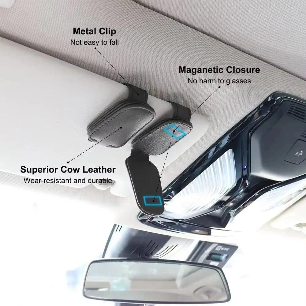 1pcs Universal Car Sunglasses Holder Multi-Functional Ticket Portable Bracket Magnetic Oxhide Sunshade Storage Boxs Auto Parts ﻿