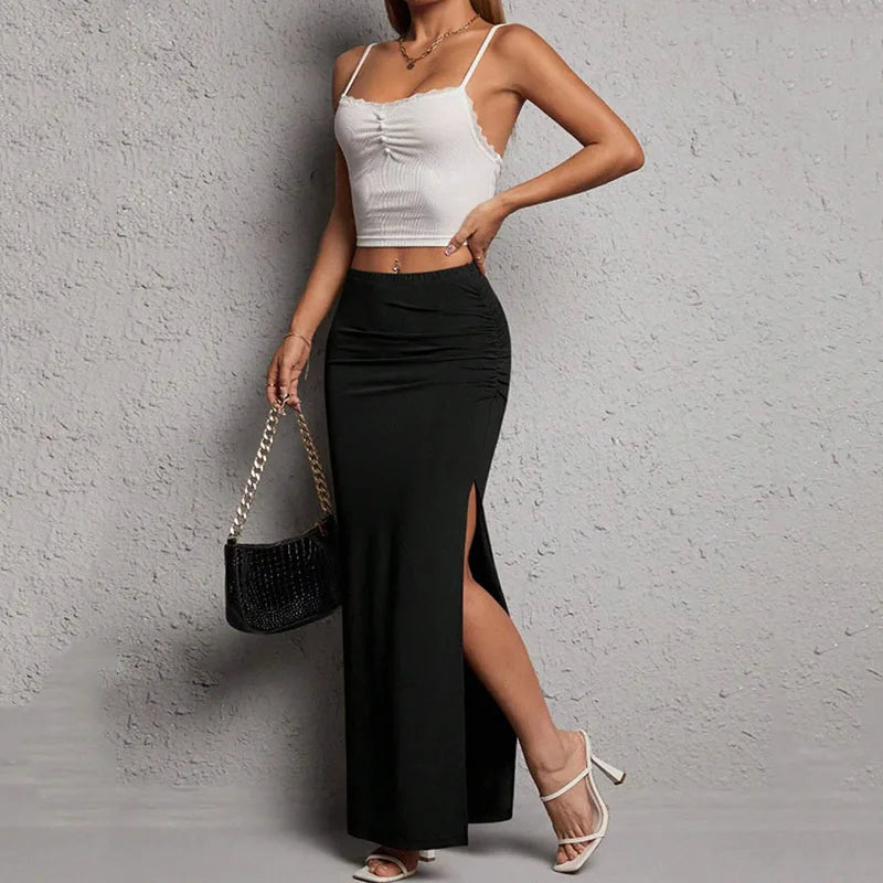 Lucyever Sexy Black Bodycon Skirt for Women Elegant Chic Side Split Long Skirts Woman Summer 2025 New High-Waisted Midi Skirts