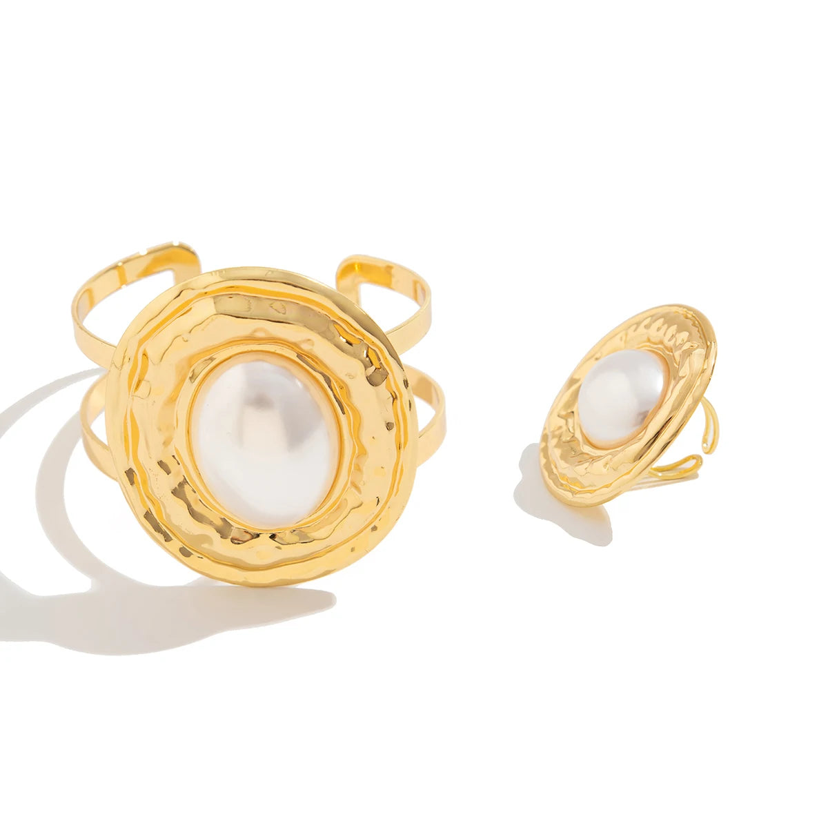 PuRui 2Pcs/Set Exaggerated Circle Chunky Adjustable Open Cuff Bangles Imitation Pearl Rings for Women Grunge Jewelry Set Gift