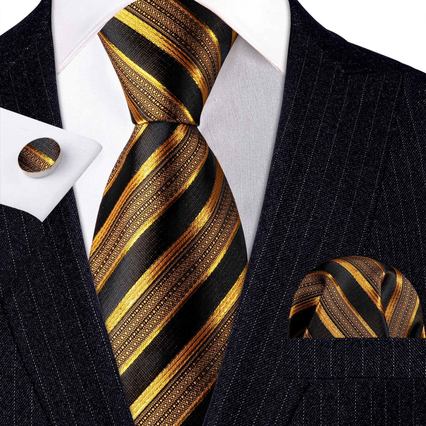 Barry.Wang Orange Brown Silk Mens Tie Hanky Cufflinks Set Gold Coffee Jacquard Designer Necktie For Male Wedding Business Party