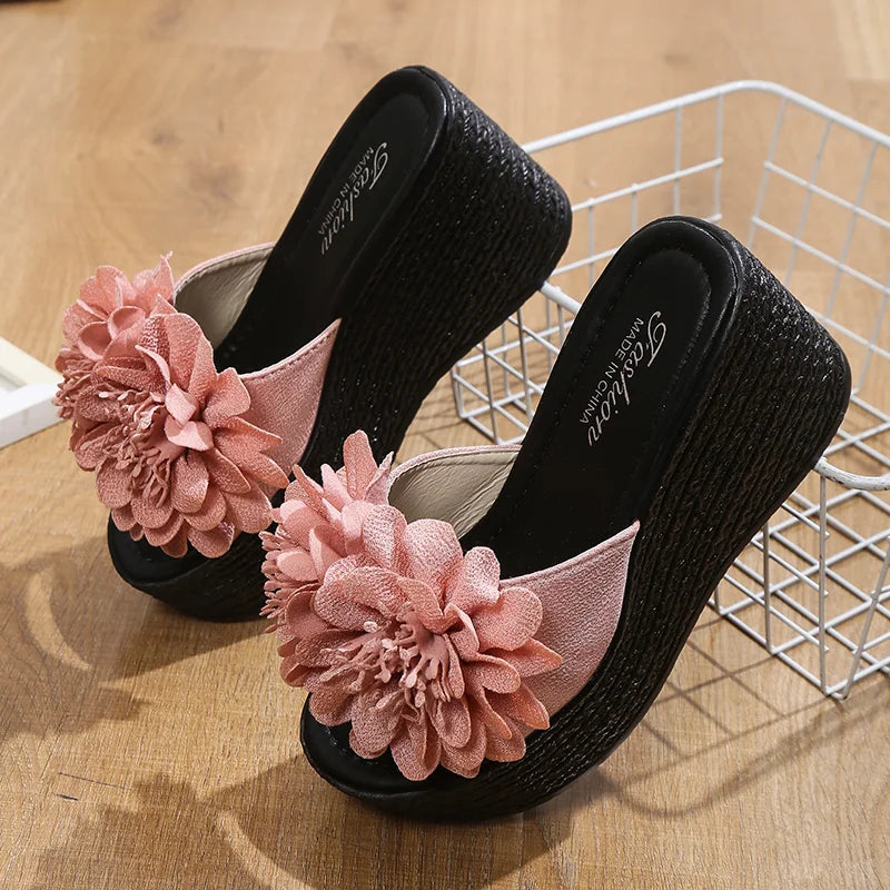 2025 Wedges Sandals Women Slippers Summer Beach Platform Shoes Flower Slippers Women High Heel Slippers Women Fashion