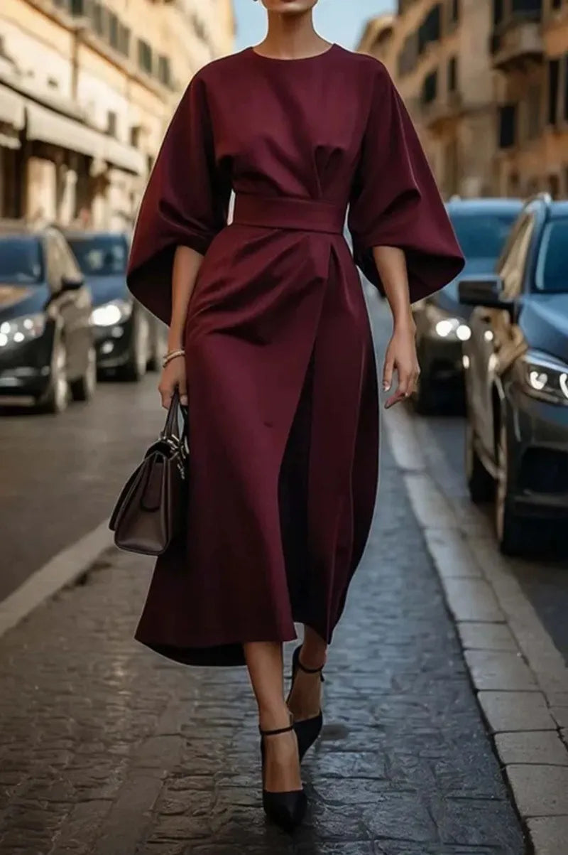 2025 Women's Fashion Temperament Elegant Solid Color Waist Dress Casual Bat Sleeve Long Skirt Vestidos De Mujer