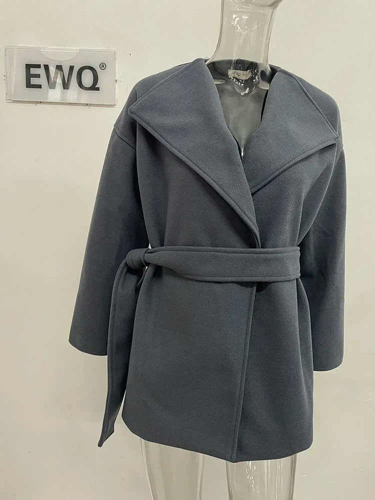 [EWQ] Khaki Fashion Woolen Coat With Belt Women Long Sleeve Elegant Lapel Wool Jacket Outwears 2025 Autumn Winter New 16U5035