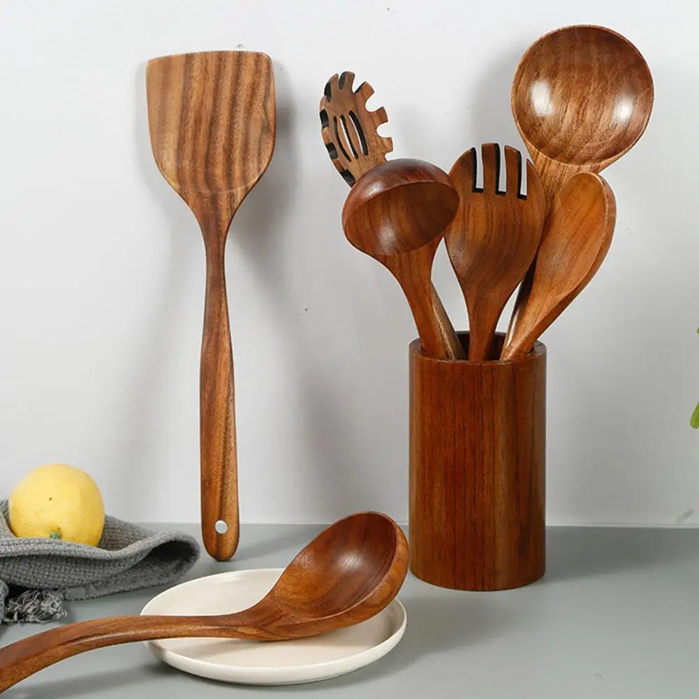 Wooden Spoons for Cooking, Acacia Wood Cooking Utensils Set Wooden Kitchen Tools Spoon Rest Nonstick Cookware Kit Safe