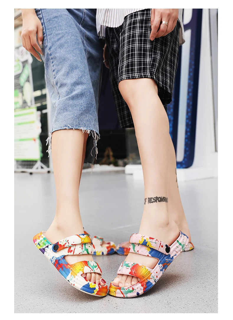 2024 New Thick-soled EVA Cave Shoes Women's Summer Wear Non-slip Beach Soft-soled Semi-Slippers Fashion Printed Sandals