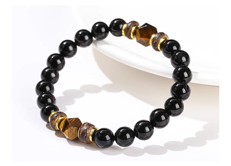 JD Natural Stone Black Agate Yellow Tiger Eye Faceted Bead Strand Bracelet Women Men Bohe Style Yoga Healing Energy Jewelry