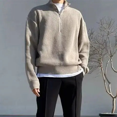 American Fashion Brand Design Korean Style Stand Collar Half Zipper Sweater Men's Temperament Versatile Knitted Sweater
