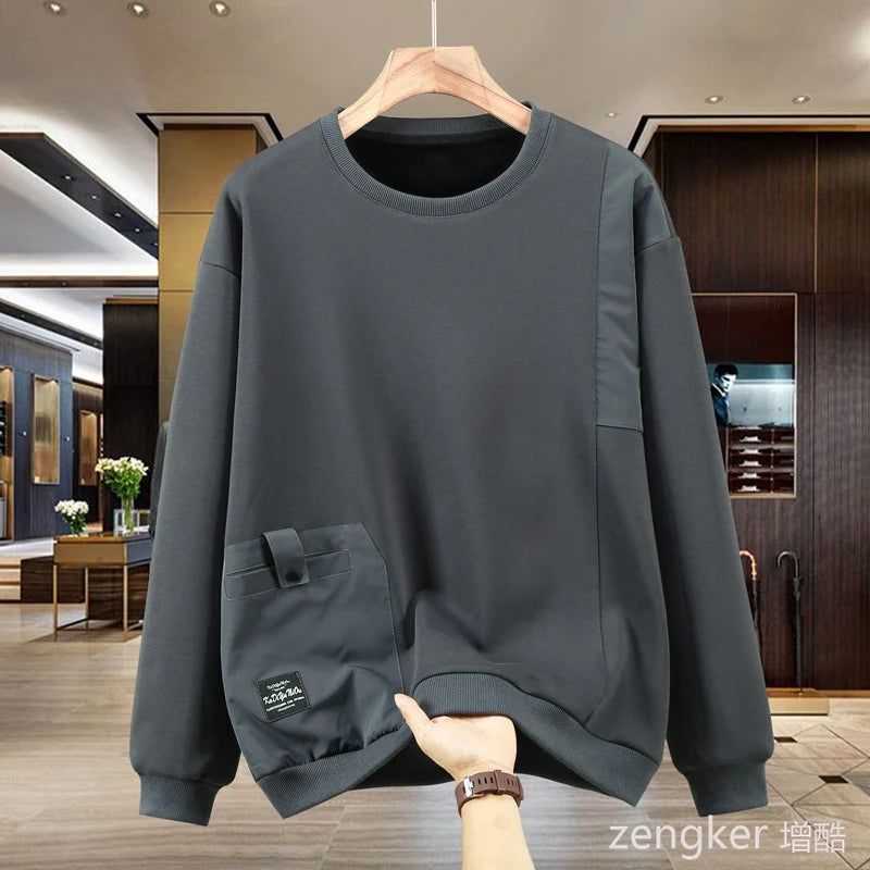 Extra-large spring autumn hoodie for men looseness round neck large size casual style patchwork design base shirt for overweight