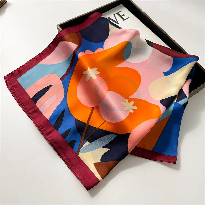 70*70cm Silk Square Scarf Women Soft Flower Print Hairband Foulard Neckerchief Hijab Tie Bag Ribbon Headband Fashion Decoration