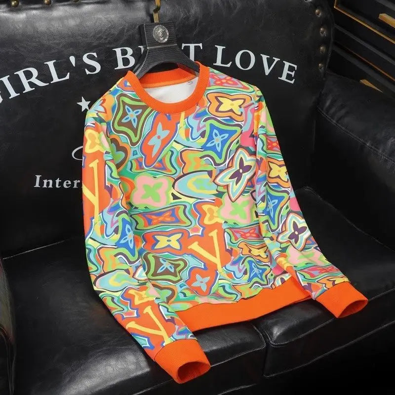 European and American fashion new trendy men's color hot stamping casual sweater light luxury handsome high-end versatile top