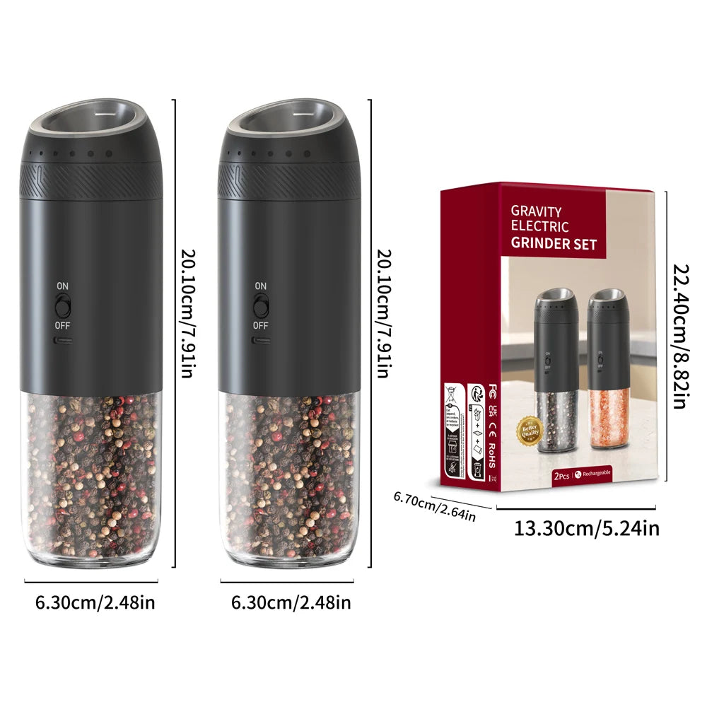 1/2PCS Electric Salt And Pepper Grinder with LED Light Gravity Sensing Adjustable Spice Mills Cordless Automatic Kitchen Gadget