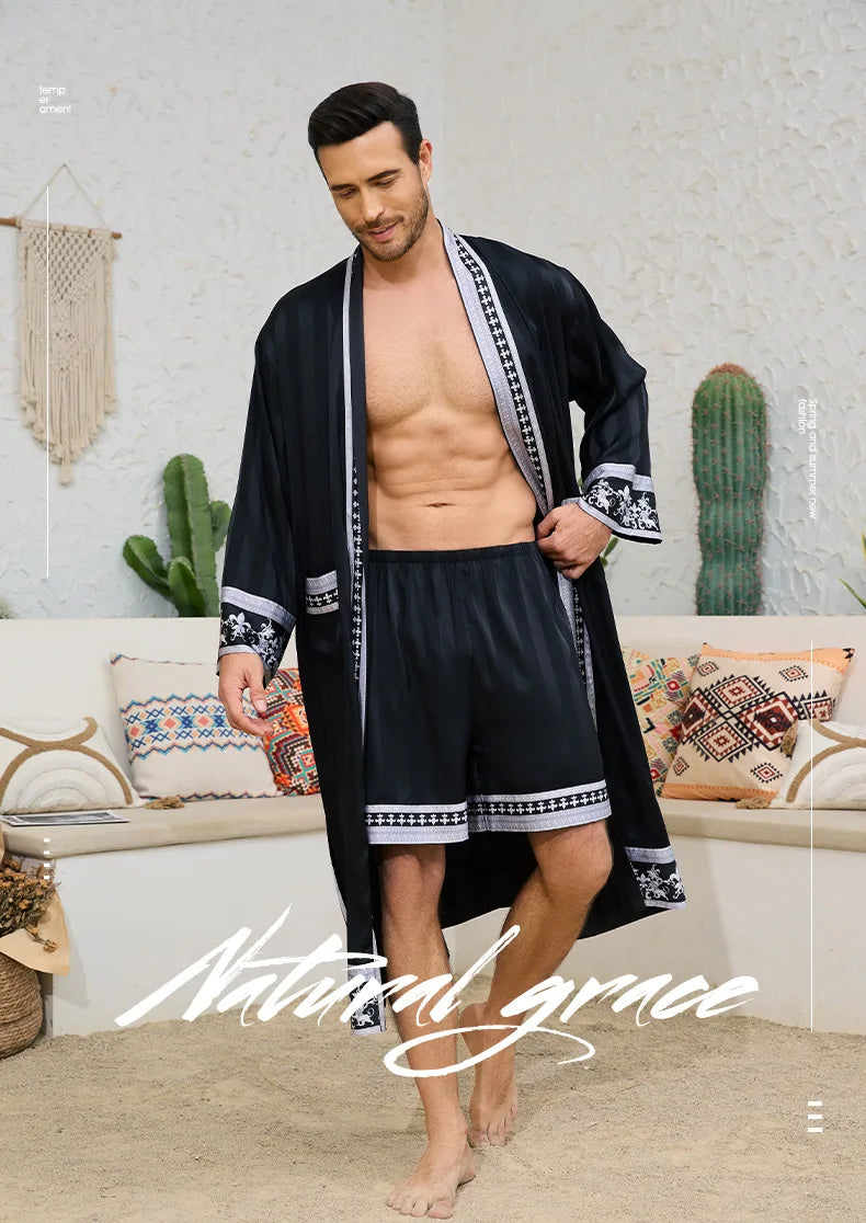 Spring Summer New Men Pajama 2PCS Robe Shorts Set Baroque Style Silk Satin Kimono Bathrobe Gown Loose Home Clothing Loungewear