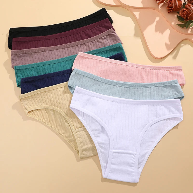 FINETOO 9PCS/SET Cotton Striped Underwear Women's Panties Sexy Soft Solid Color Briefs Female Comfortable Stretch Lingerie M-XL
