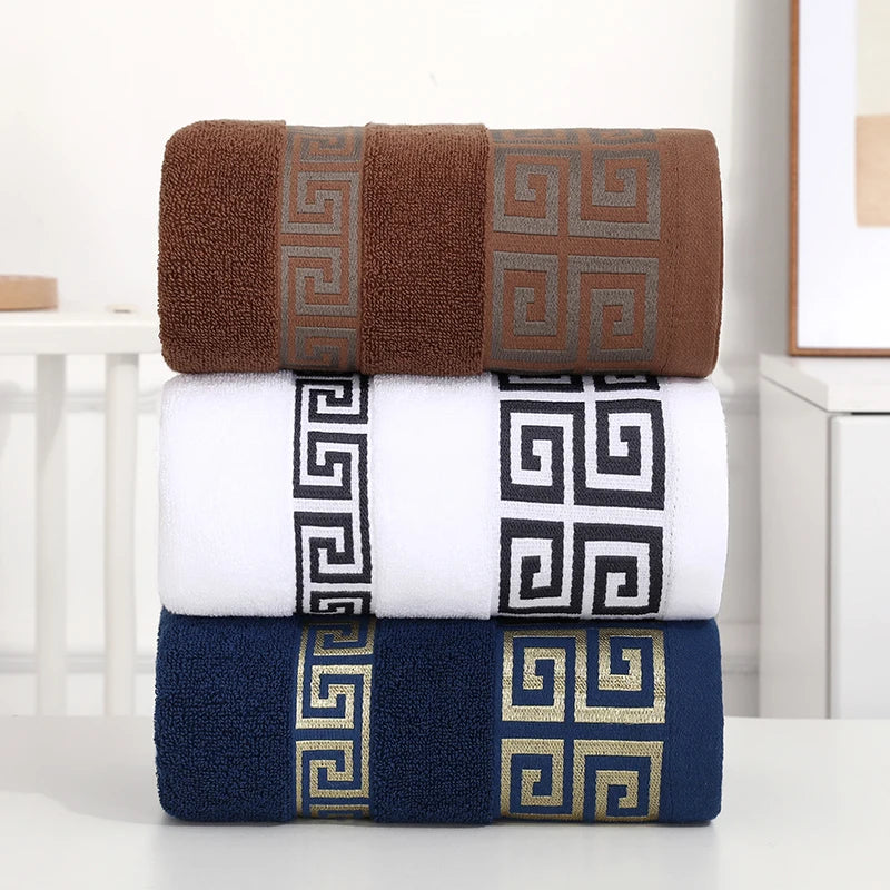 3pcs Set Cotton Towel 2pcs Hand Towel 34x74cm and 1pcs Big Bath Towel 70x140cm Blue White Brown Geometric Embroidered Gift Towel