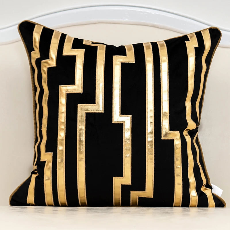 Aeckself Luxury Geometric Plaid Gold Grey Leather Embroidery Velvet Cushion Cover Home Decor Throw Pillow Case White Grey Black