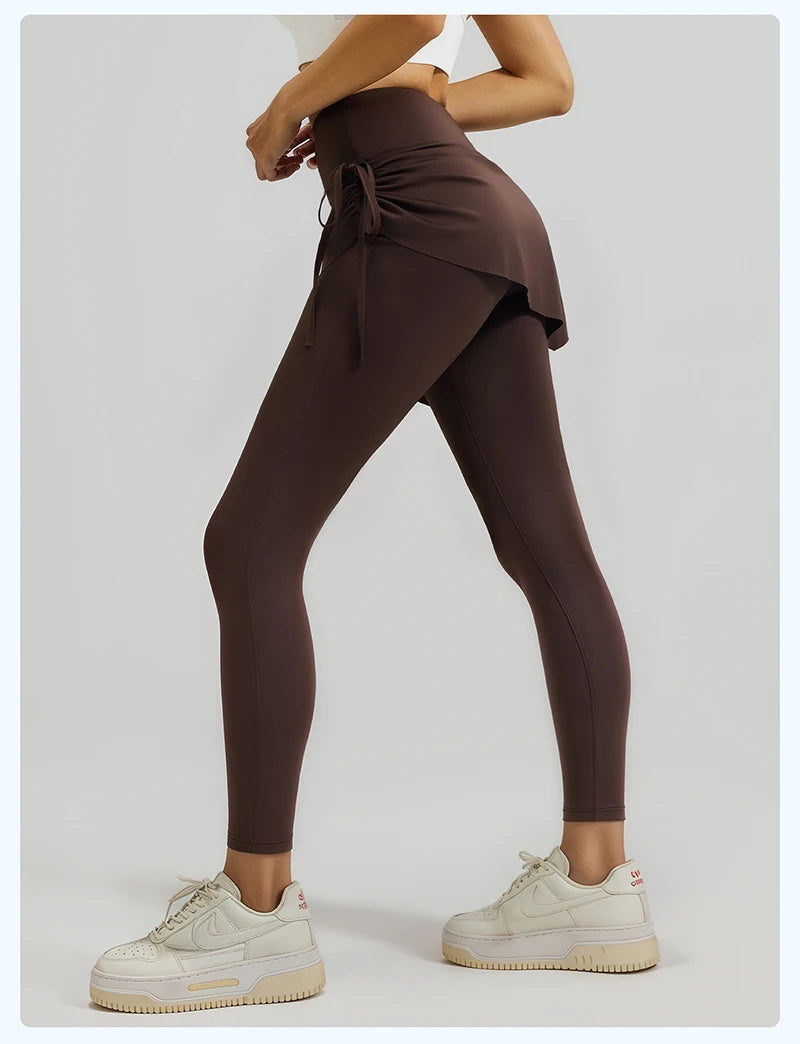 BIVIGAOS New Spring Drawstring Pleated Yoga Leggings Skirt Pants Fake Two Piece Women High Waist Elastic Sports Fitness Leggings