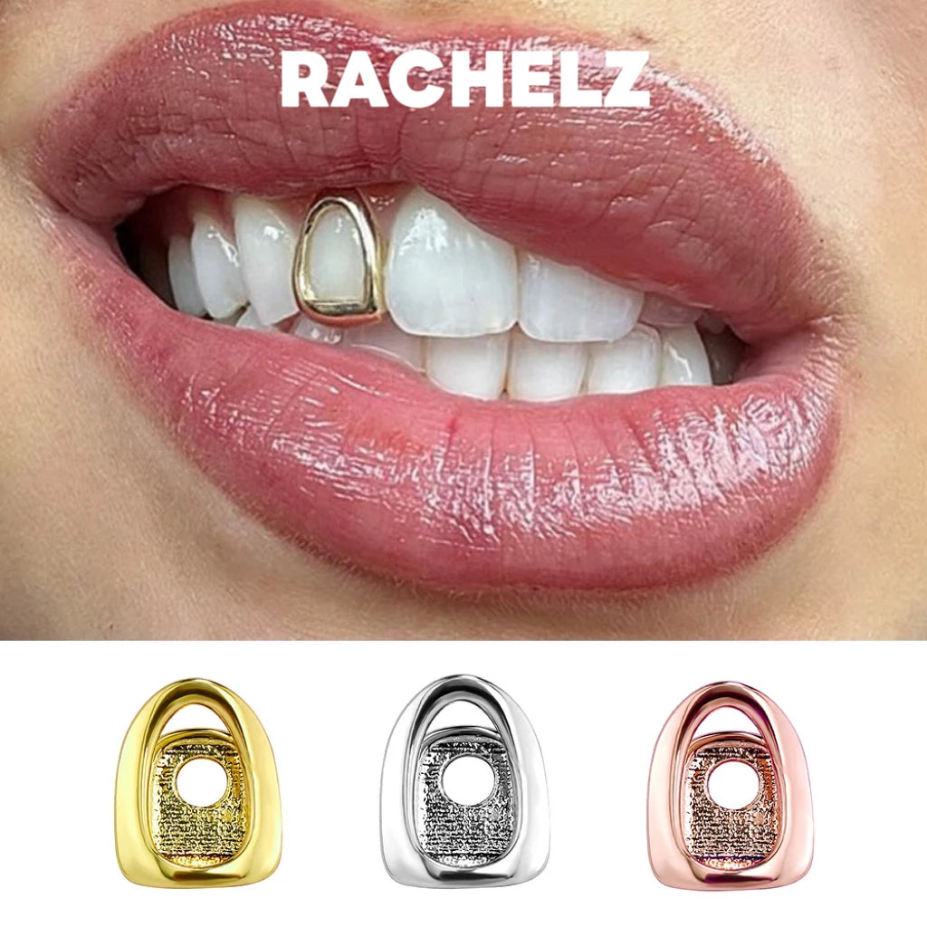 RACHELZ Hip Hop Single Classic Hollow Teeth Grillz Simple 3 Colors Glossy Tooth Caps Women Men Jewelry Halloween Cosplay Gift