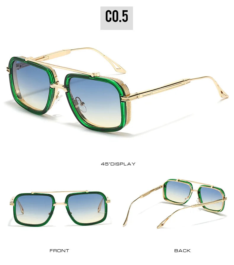 Large Square Sunglasses Men Steampunk Style Metal Pilot Sun Glasses Luxury Designer Brand Eyewear Fashion Shades Double Beam
