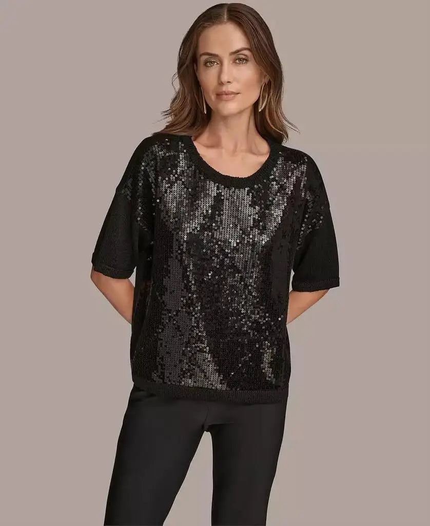 Women's Short Sleeve Sequin Sweater | Donna Karan New York