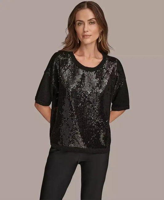 Women's Short Sleeve Sequin Sweater | Donna Karan New York
