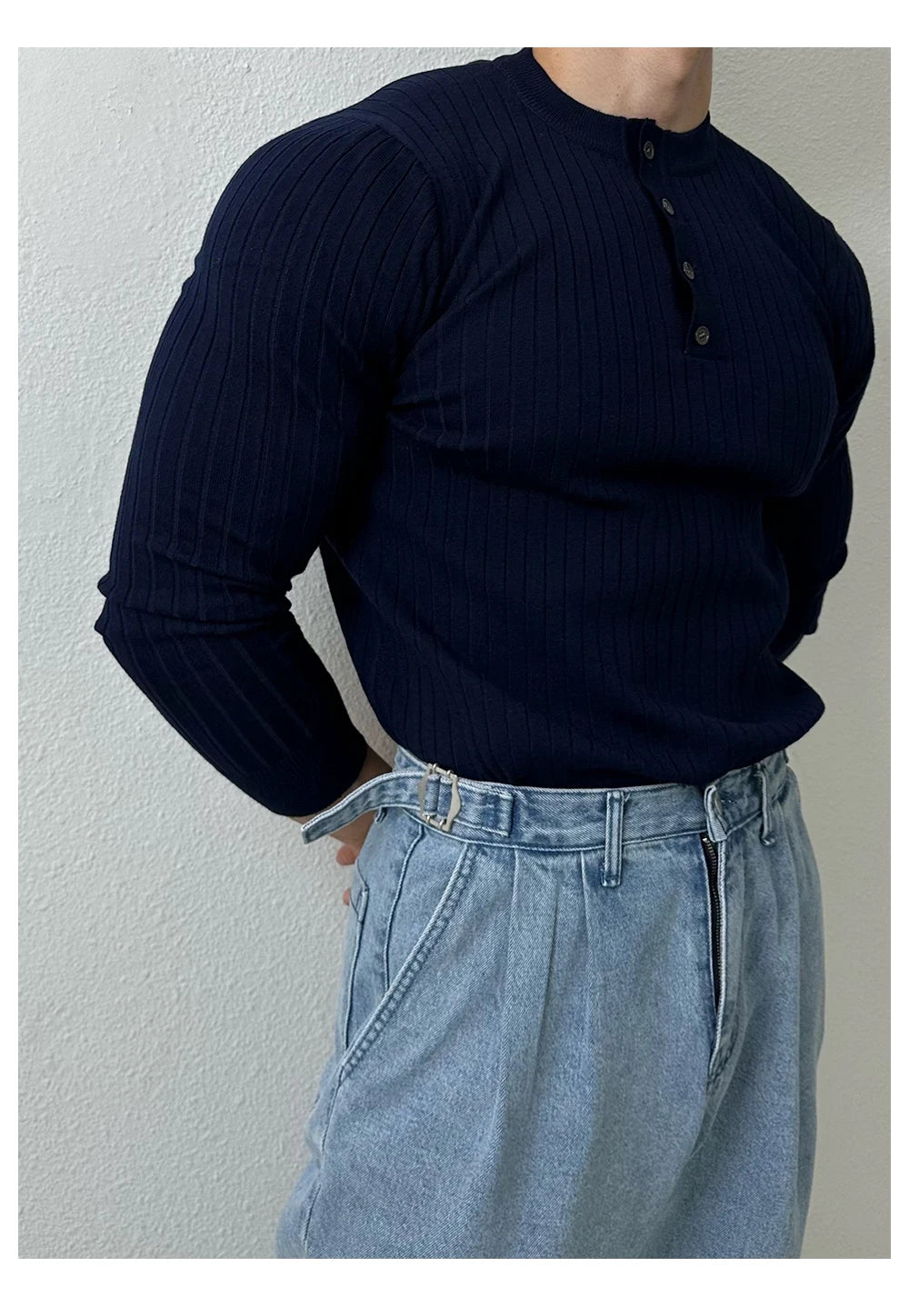 Autumn Clothing Men's Light Luxury Knit Korean Popular Henry Collar T-shirt Button-down Long Sleeve Retro Leisure Knitwear