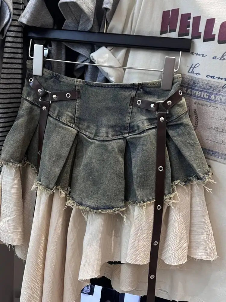 EAM Color-block Irregular Spliced High Elastic Waist A-line Mini Denim Skirt Women Fashion Tide New Spring Autumn 2026 30A3307