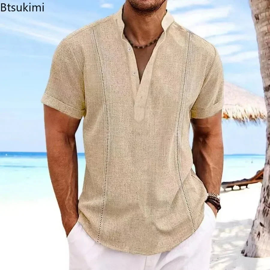 Men's Fashion Beach Holiday Shirts Summer Short Sleeve Cotton Linen T-shirt Comfort Breathable Casual Simple Lapel Tops for Men