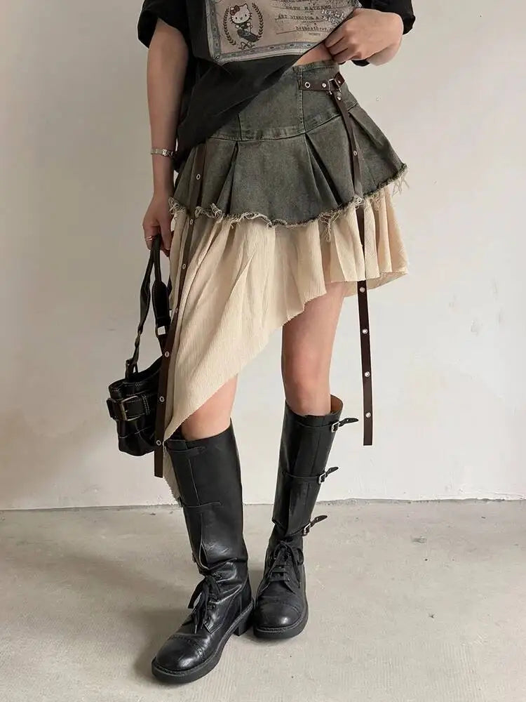 EAM Color-block Irregular Spliced High Elastic Waist A-line Mini Denim Skirt Women Fashion Tide New Spring Autumn 2026 30A3307