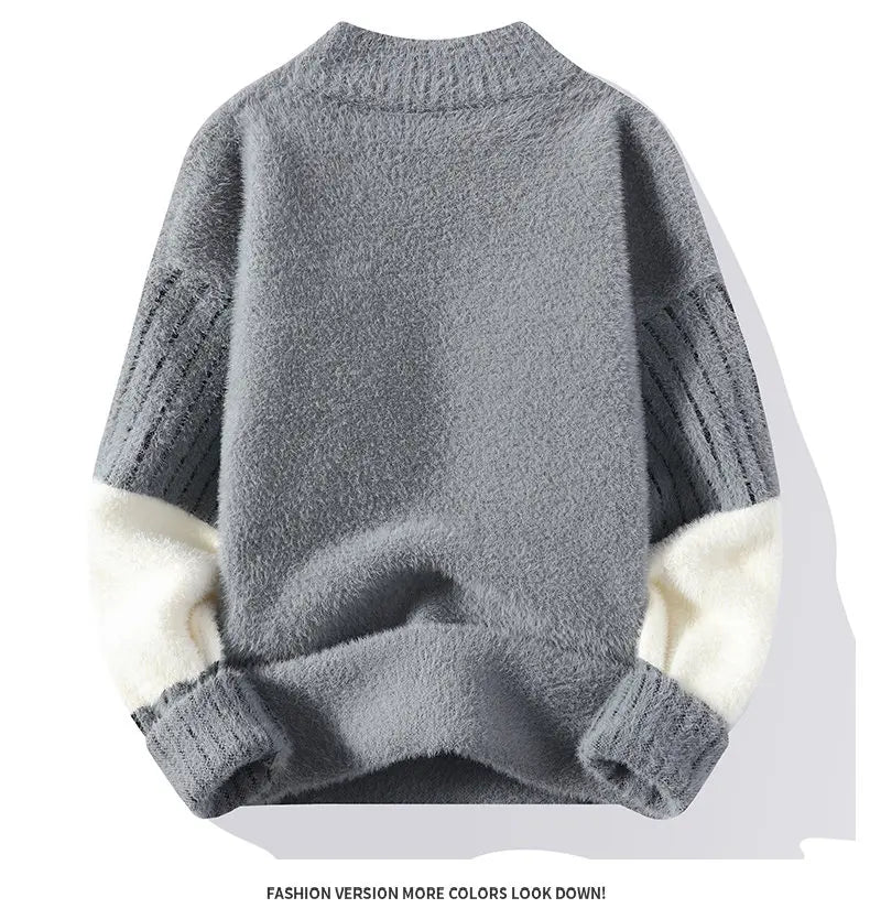 Thickened Winter Semi High Neck Knitted Sweater with Anti Pilling Splicing Men's Casual Long Sleeved Bottom Printed Pullover