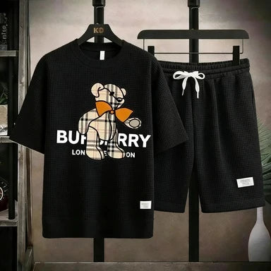 Men's Luxury Bear Print 2 Piece Outfit, Waffle Knit T-shirt + Shorts Set, Casual Designer Inspired Streetwear Tracksuit, White