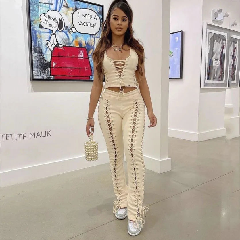 BoozRey Y2k Women Pants Streetwear Low Waist Pant 90s Vintage Clothes Skinny Slim Sexy Lace Up Hollow Out Straight Trousers