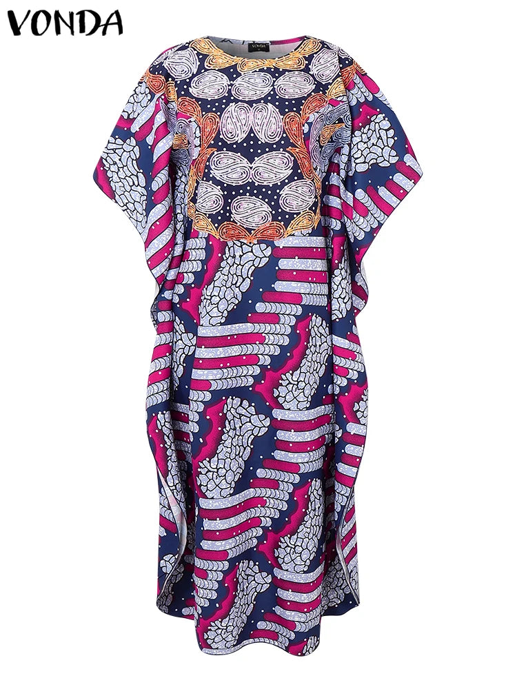 Plus Size 5XL VONDA Women Maxi Dress Bohemian Printed Long Vestidos Summer Half Bat Sleeve Casual Loose Robe Vintage Sundress