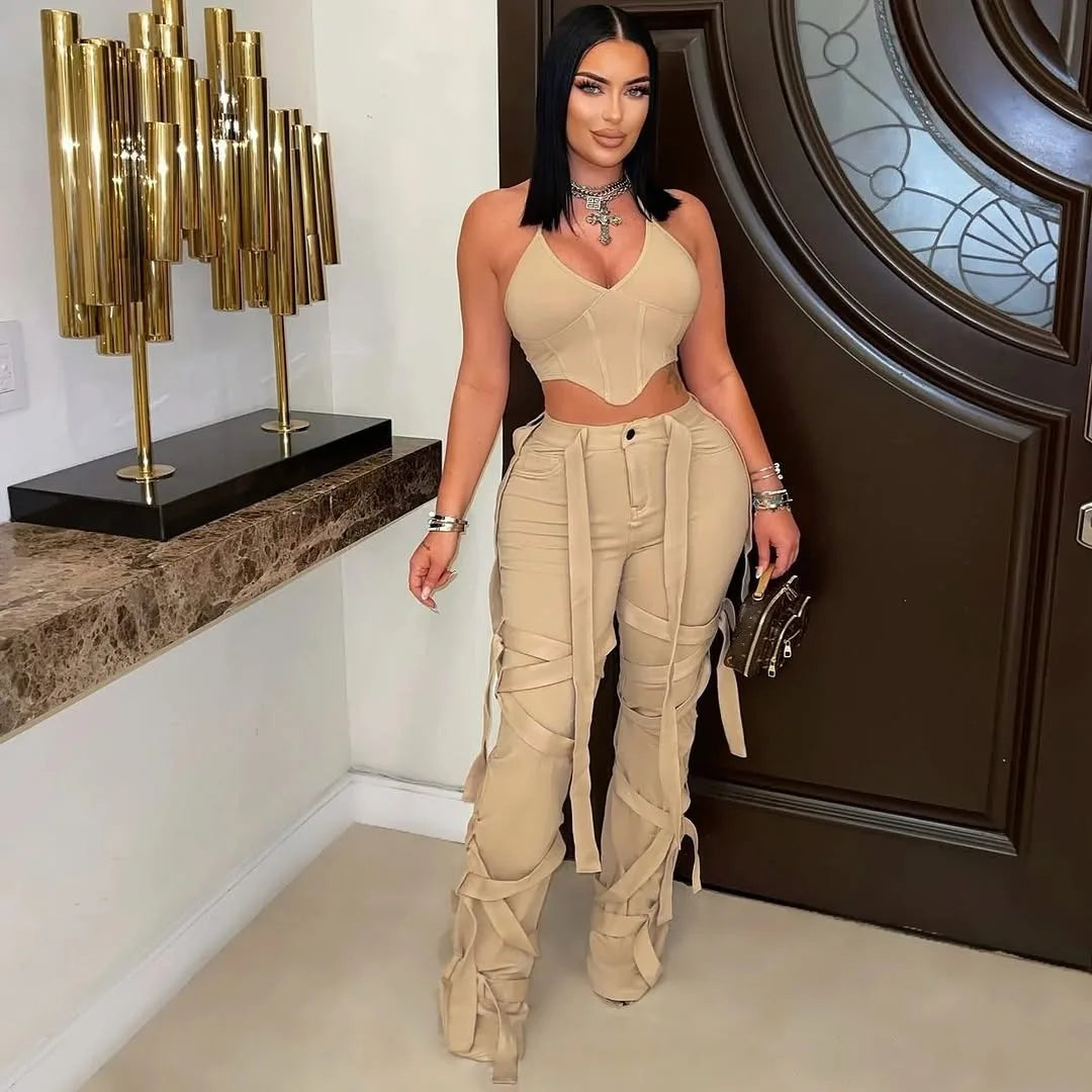 CM.YAYA Active Women High Waist Straight Mult Ribbon Long Pants 2025 Fall Casual Cargo Sweatpants Streetwear Classic Trousers