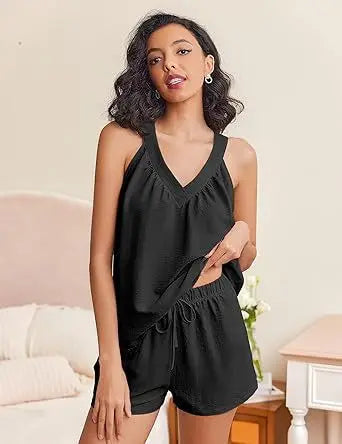 New Summer Women's 2-piece Set Pink V-neck Vest Elastic Pocket White Stylish Black Shorts Set
