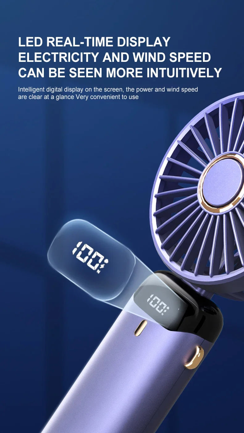 3000mAh Handheld Mini Fan Foldable Portable Neck Hanging Fans 5 Speed USB Rechargeable Fan with Phone Stand and Display Screen