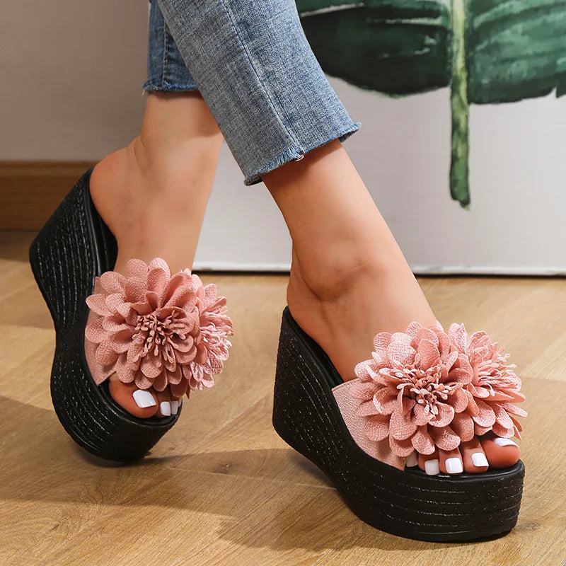 2025 Wedges Sandals Women Slippers Summer Beach Platform Shoes Flower Slippers Women High Heel Slippers Women Fashion