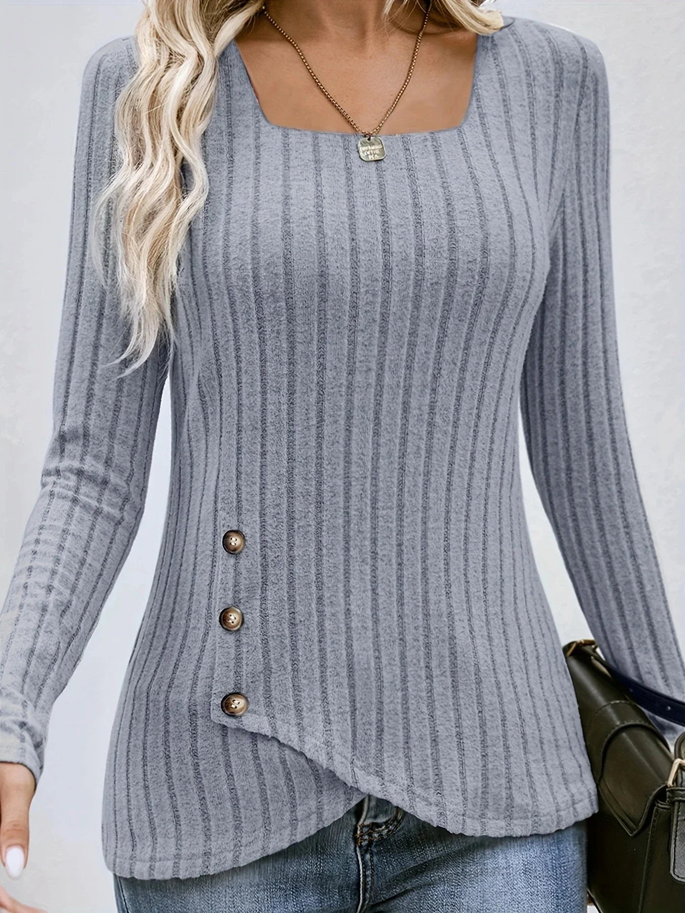 Square Neck Solid Ribbed Button DecorT-Shirt Casual Long Sleeve Top For Spring & Fall Women's Clothing