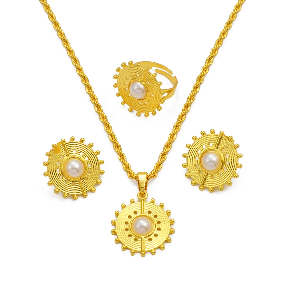Ethiopian Eritrea Round Jewelry Sets With Pearl Necklace Earrings Rings for Women Girls African Brides Accessories @340206