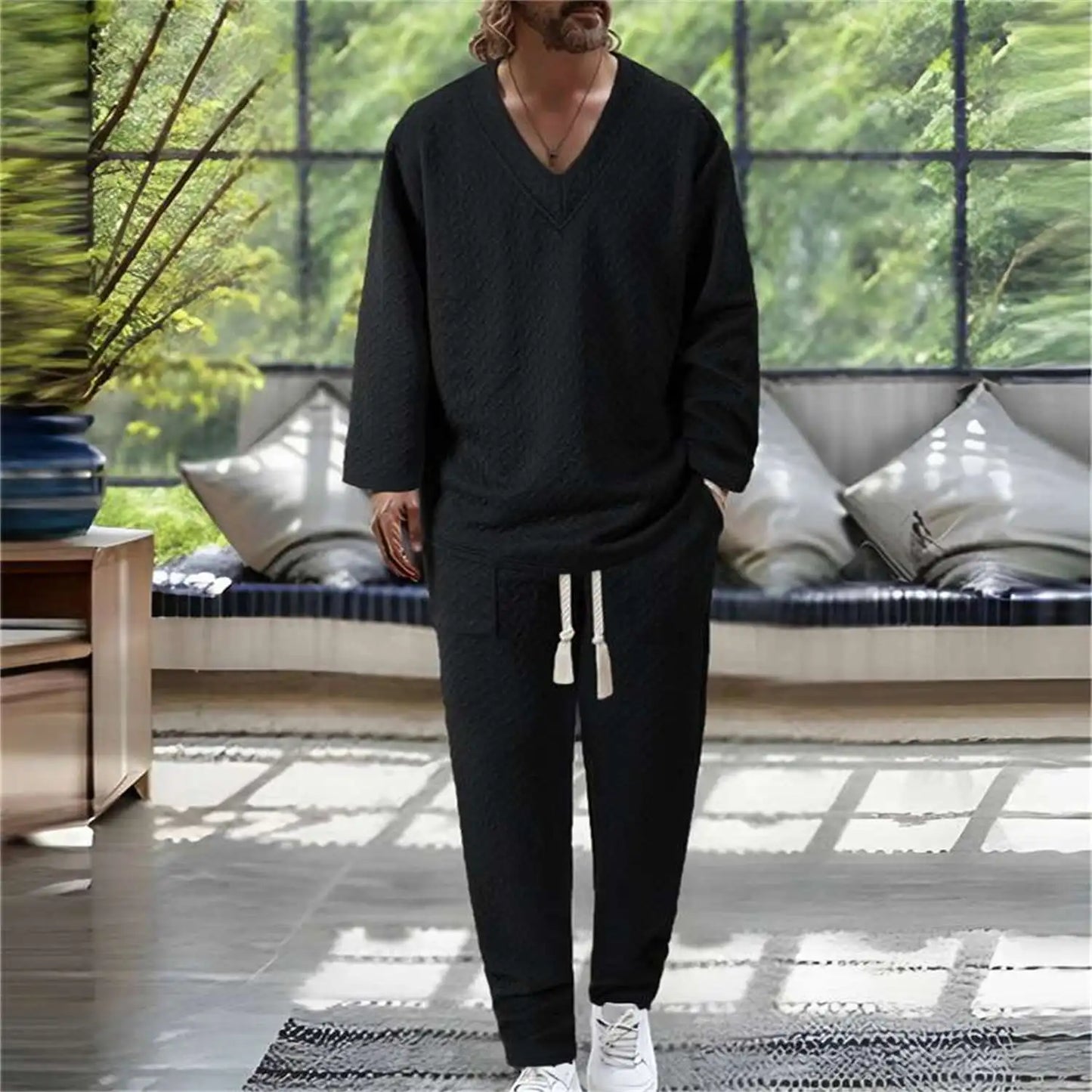 European American Autumn Casual Men's Textured Texture Solid Color V-neck Pullover Short Sleeve Drawstring Pocket Trousers Set
