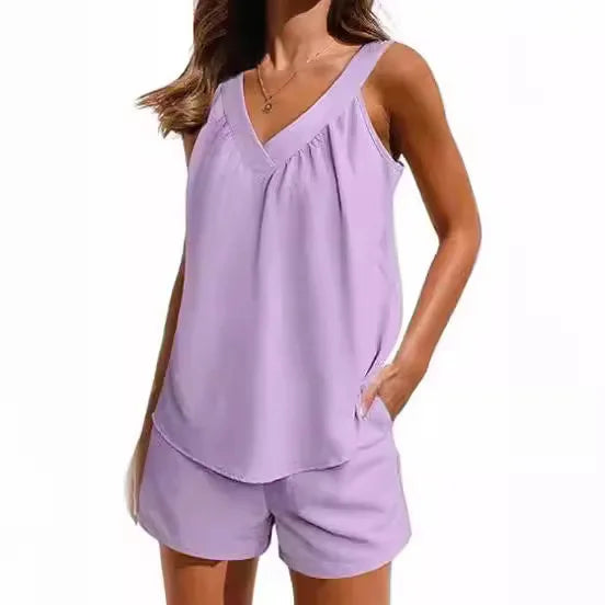 New Summer Women's 2-piece Set Pink V-neck Vest Elastic Pocket White Stylish Black Shorts Set